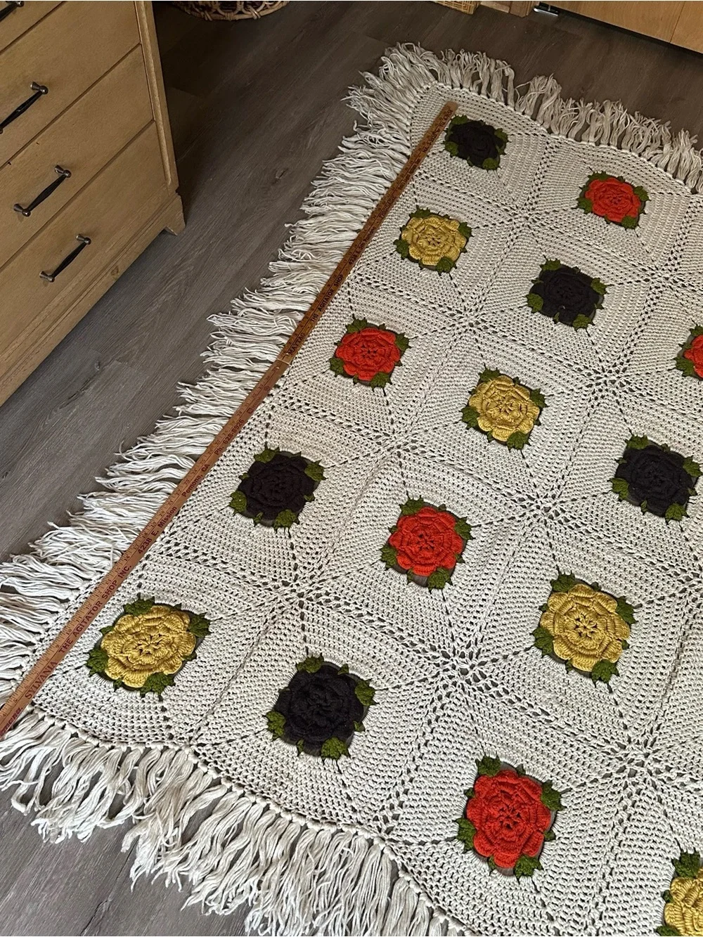 HUGE Vintage 1970s Handmade Granny Square Crochet Floral Afghan